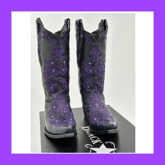 Black Star SWEETGRASS Women's Cowboy Boots in Black w Purple - Size 8.5 - Picture 5 of 13